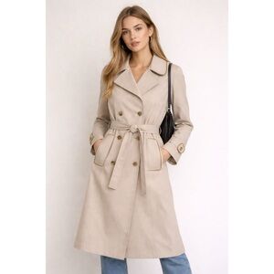 Vintage 70s Beige Trench Coat Belted Double Breasted Petite Union Made